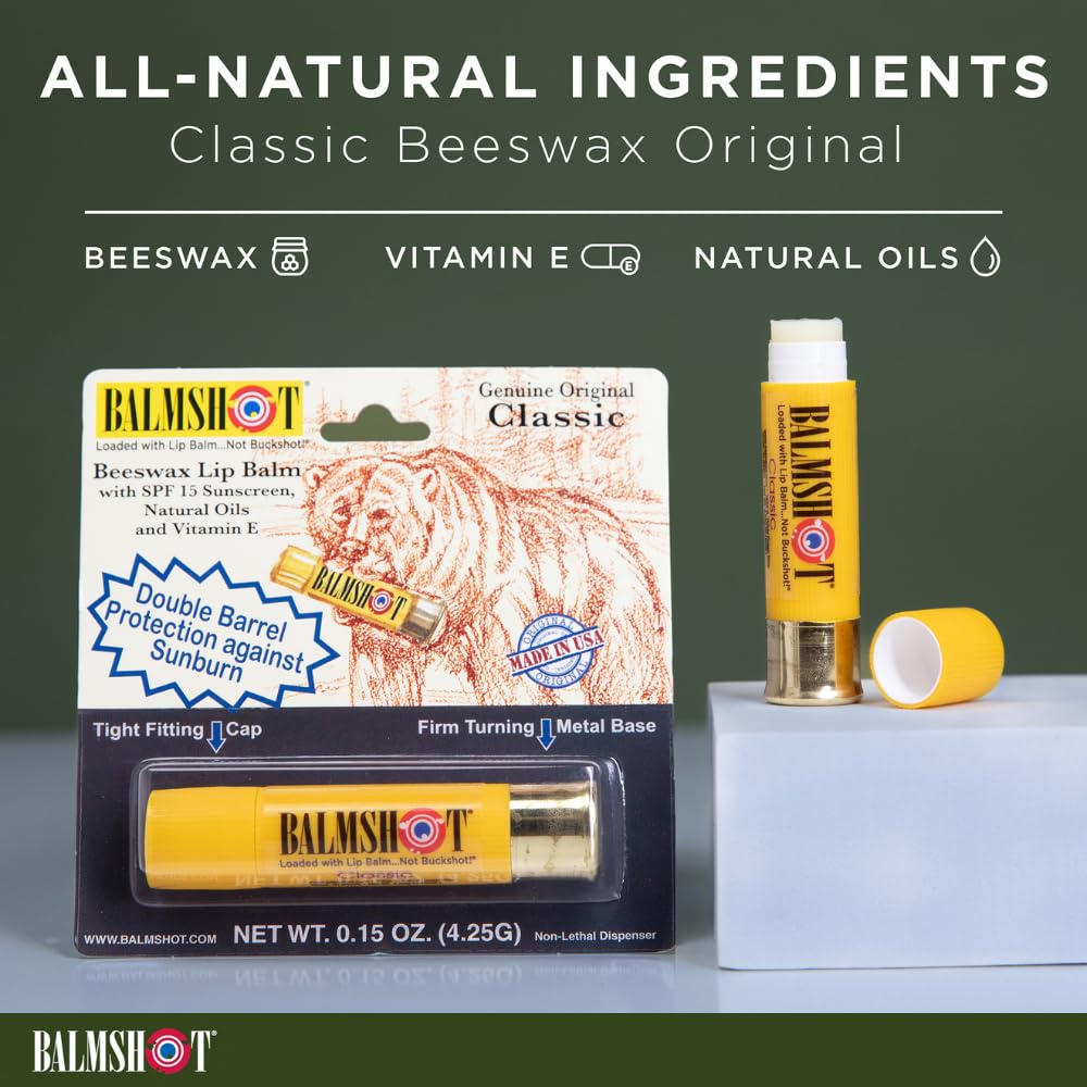 Balmshot SPF 15 lip balm protecting lips from sun exposure.