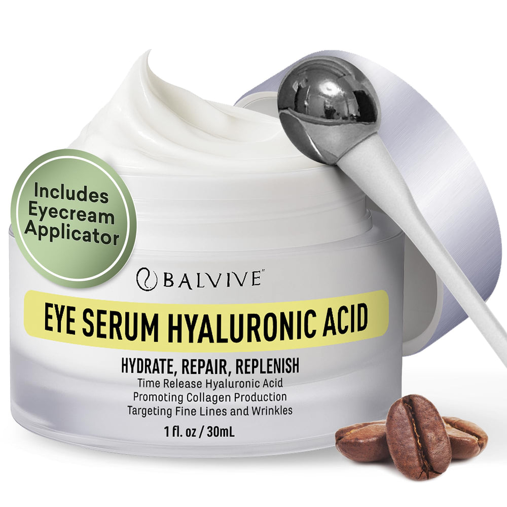 BALVIVE caffeine under-eye cream bottle close-up suggesting brightened under-eye area