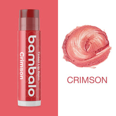 Bambalo Crimson tinted lip balm application close-up for smooth, hydrated lips