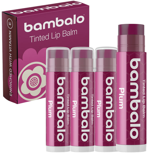 Bambalo Plum tinted lip balm 4-pack pack shot for natural color and hydration.