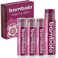 Bambalo Plum tinted lip balm 4-pack pack shot for natural color and hydration.
