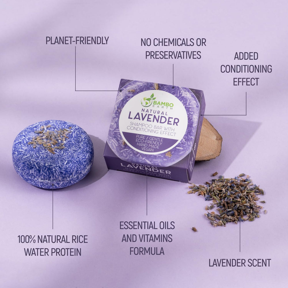 BAMBOEARTH lavender solid bar in travel pack, ready for on-the-go hair care.