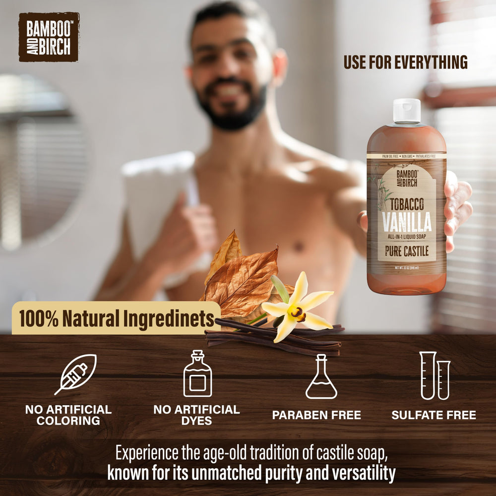 Bamboo and Birch Castile Soap liquid used for body, face, and hair with options.