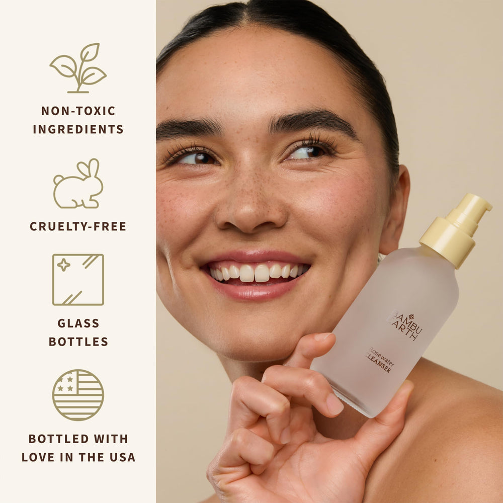 BAMBU EARTH Rosewater Cleanser on skin demonstrating calming cleansing action.