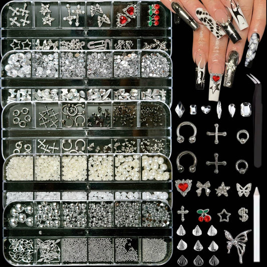 BANA ART Silver Nail Charms Kit with 3D variety for luxe nail designs