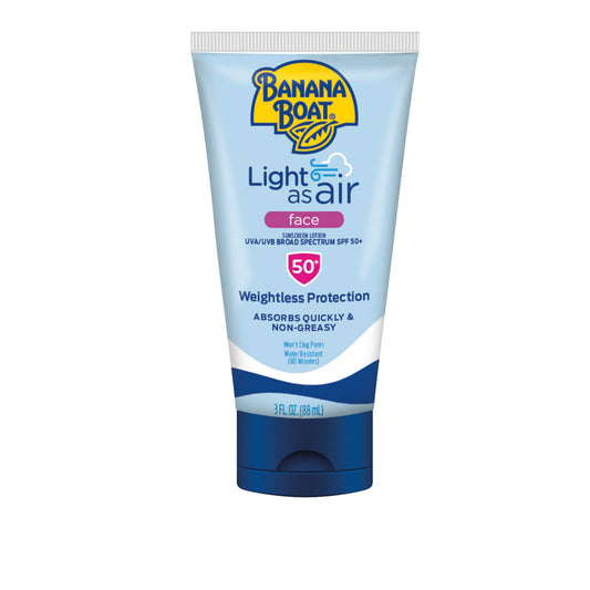 Banana Boat Light As Air SPF 50 face sunscreen front view bottle, travel size