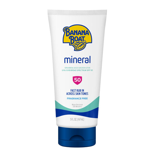 Banana Boat Mineral SPF 50 lotion front label with 5 oz, broad protection