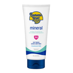 Banana Boat Mineral SPF 50 lotion front label with 5 oz, broad protection
