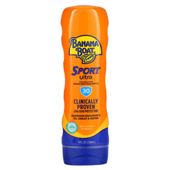 Side view of Banana Boat SPF 30 bottle for active lifestyles