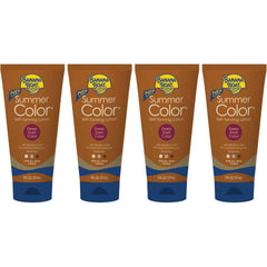 Banana Boat Summer Color lotion swatch demonstrates quick-drying bronze on skin