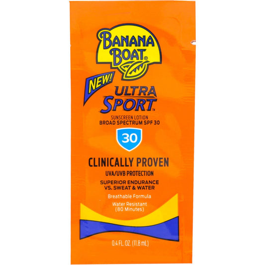Banana Boat Ultra Sport packets shown in packaging for on-the-go sun protection.