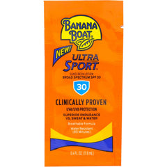 Banana Boat Ultra Sport packets shown in packaging for on-the-go sun protection.