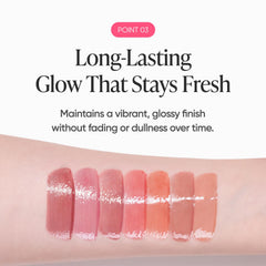 BANILA CO Dew Glow Tint gloss finish on lips close-up