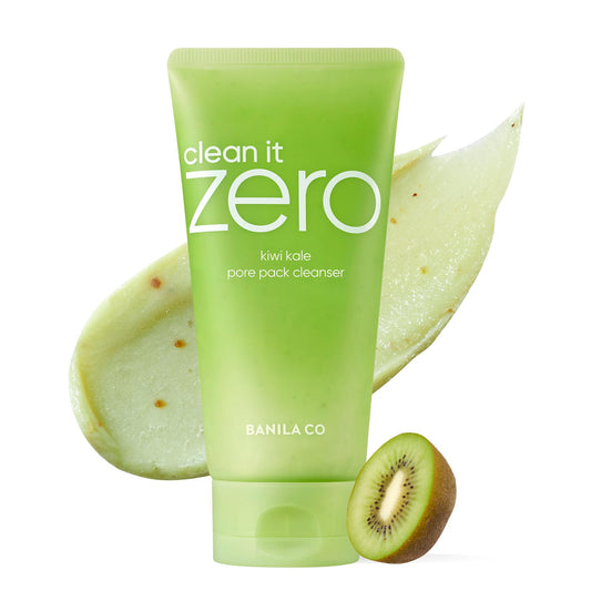 BANILA CO Kiwi Kale Wash bottle beside kiwis and kale for pore clarity