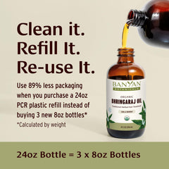 Banyan Botanicals Bhringaraj Oil new-pack packaging emphasizing sustainable sourcing.