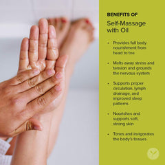Banyan Botanicals sesame oil bottle shown for abhyanga self-massage.