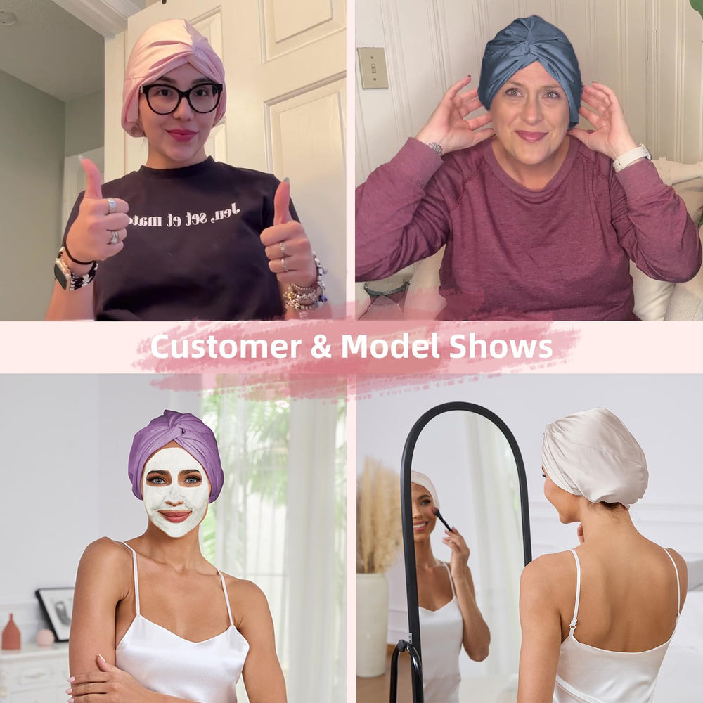 Baqzqudnl sleep bonnet ready for bedtime routine to prevent frizz and tangles.