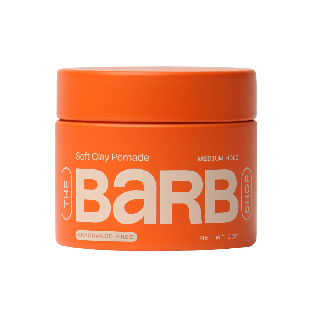 The Barb Shop Barb Soft Clay Pomade bottle closeup showing fragrance-free formula for all-day hold