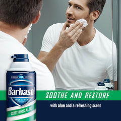Barbasol container with thick foam demonstrates long-lasting lubrication for easy razor glide.