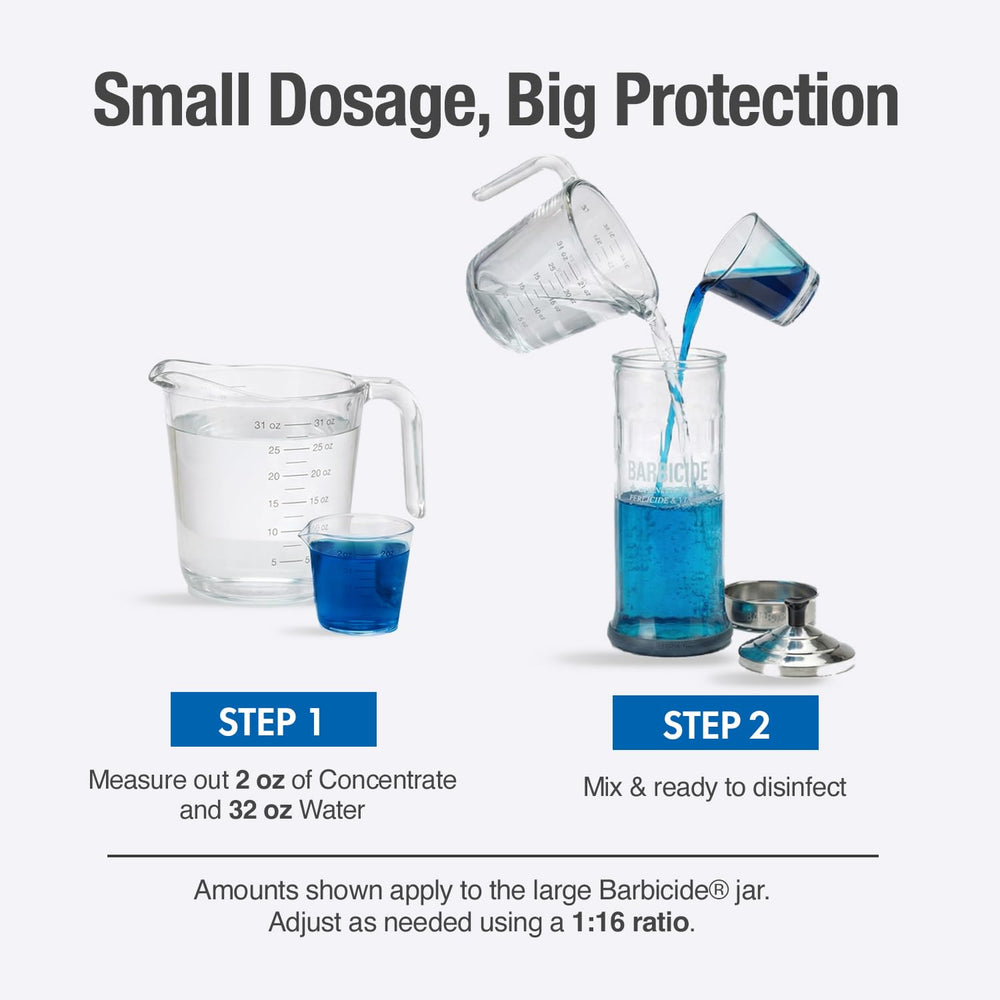 BARBICIDE disinfecting jar fits combs, brushes, scissors, and clippers for efficient sanitation