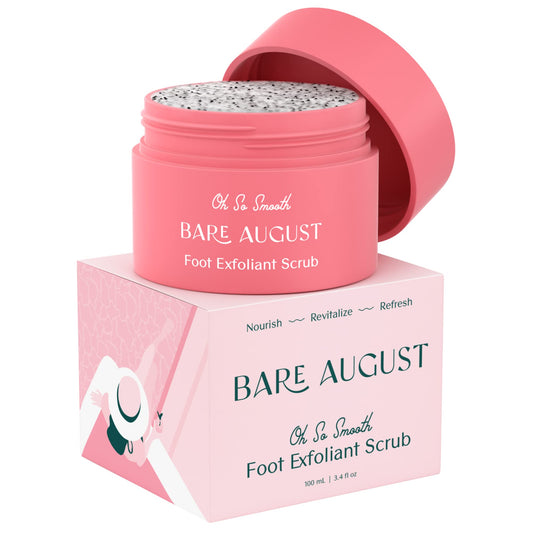 Bare August Foot Scrub jar close-up highlighting natural ingredients for smoother feet