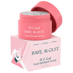Bare August Foot Scrub jar close-up highlighting natural ingredients for smoother feet