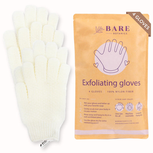 Bare Botanics front-view white exfoliating gloves for deep cleansing.
