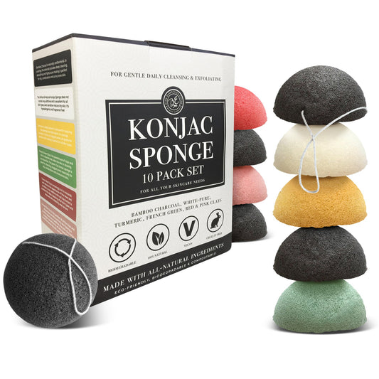 Bare Essentials Living konjac set 10pack packaging for gentle face and body cleansing.