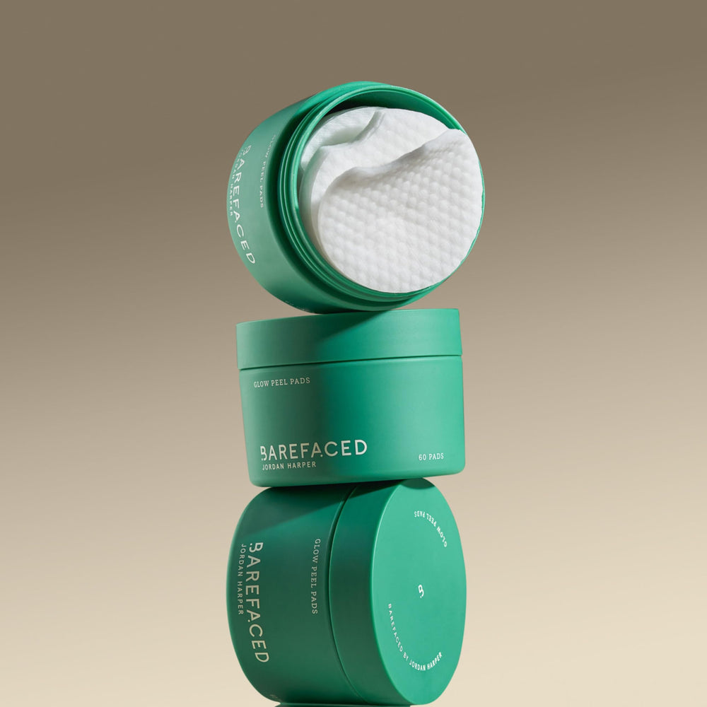 Barefaced Glow Peel Pads application on face for smoother, clarified skin.