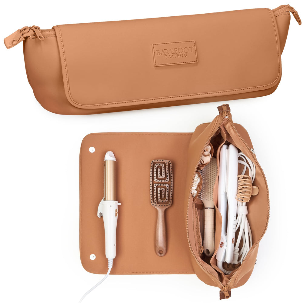 Barefoot Caribou travel bag with heat-resistant mat for safe tool placement during styling