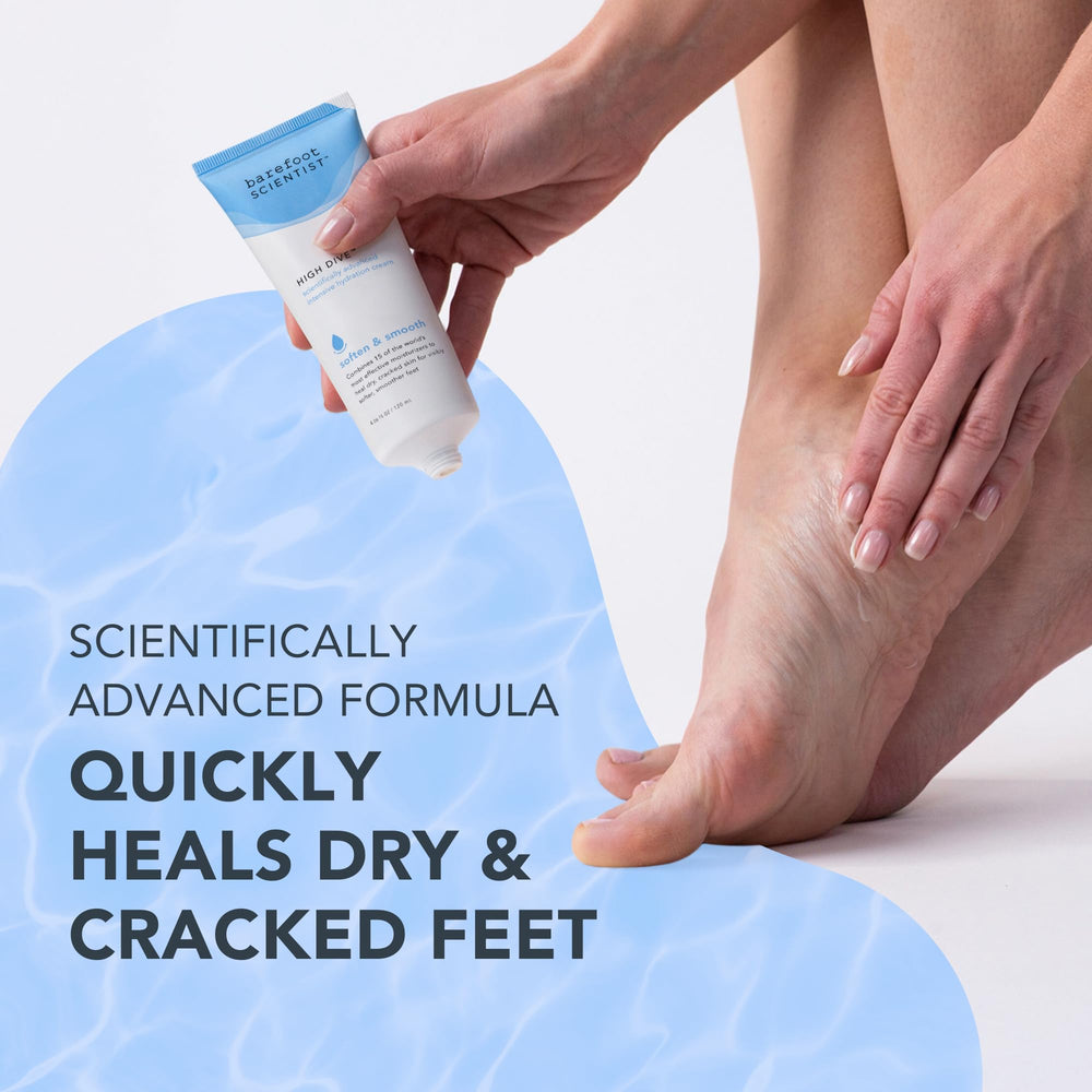 Barefoot Scientist High Dive pump bottle applying quick, non-greasy foot moisture