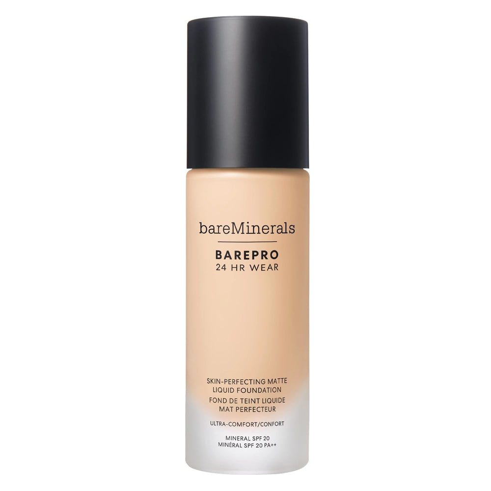 Bareminerals Barepro 24HR wear bottle closeup showing long-lasting matte coverage.
