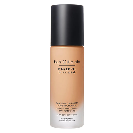 bareMinerals Barepro 24HR Wear foundation bottle shows matte, oil-free, long-lasting coverage.
