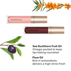 bareMinerals Mineralist Lip Gloss-Balm Cranberry swatch with vibrant, sheer color