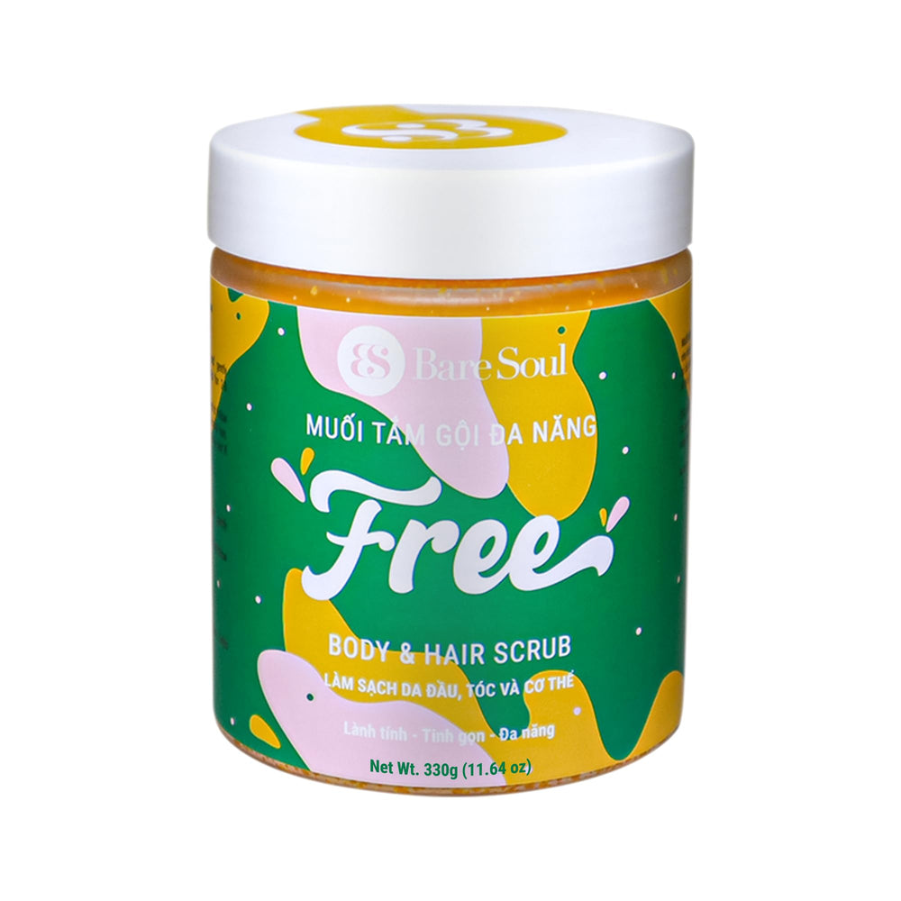 BareSoul FREE scrub jar highlighting dual-action exfoliation for skin and scalp.