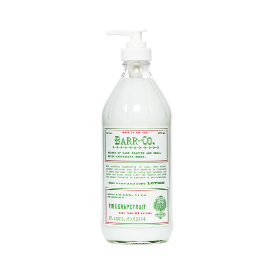 BARR-CO Fir & Grapefruit lotion bottle on vanity with hydration focus