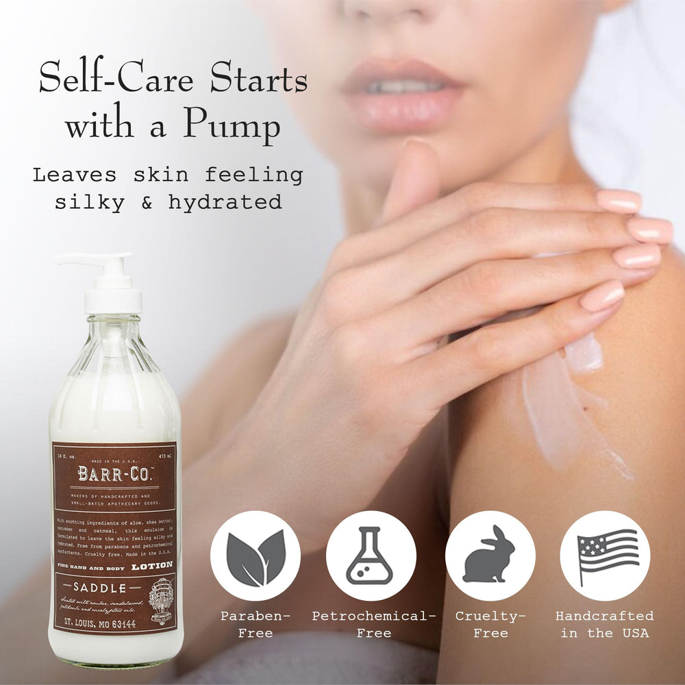 BARR-CO Saddle Scent amber glass bottle highlighting premium, sustainable packaging.