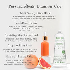 Close-up of woodsy citrus scent and cream bottle highlighting fragrance