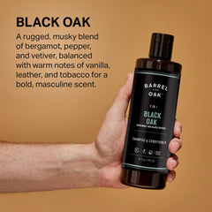 Barrel & Oak 2-in-1 shampoo closeup of ingredients, premium oils for hydration.