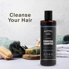 Barrel & Oak charcoal shampoo bottle close-up showing cleansing clarity