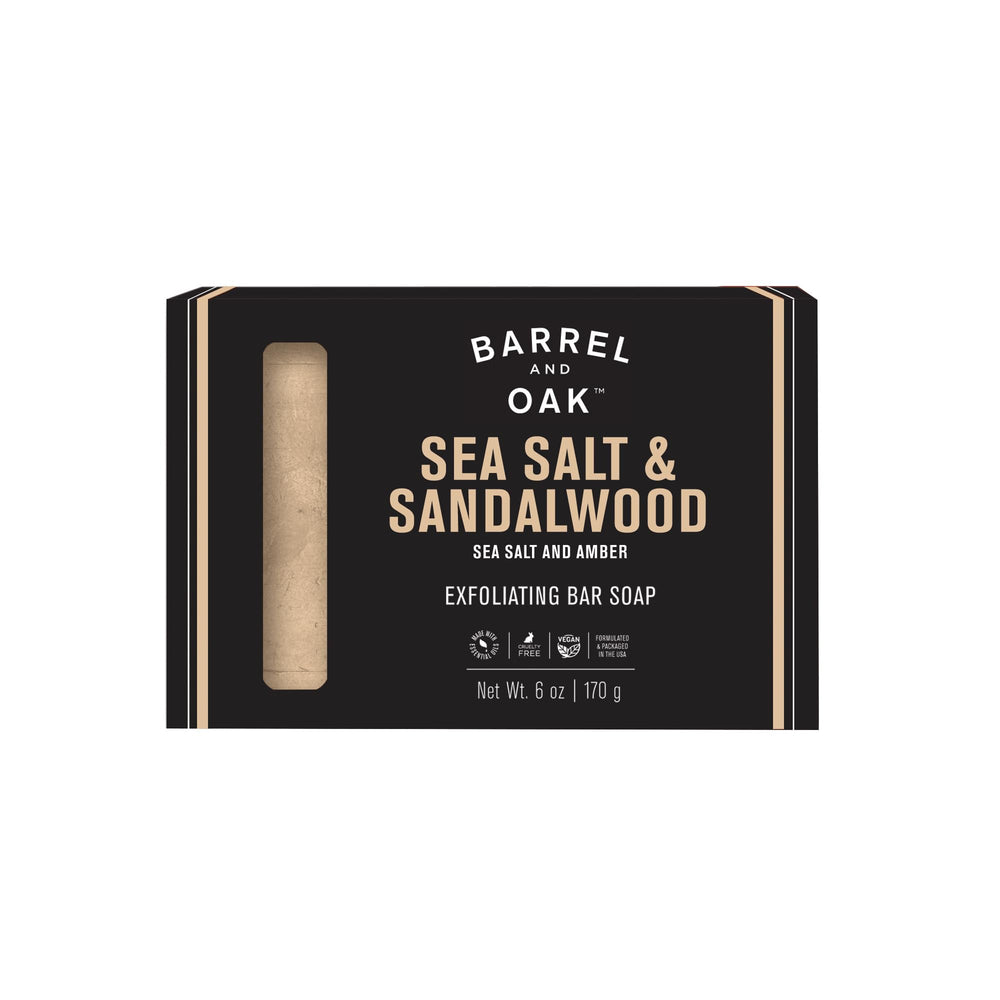 Barrel & Oak exfoliating bar soap front view highlighting rugged masculine design for daily cleansing