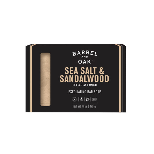 Barrel & Oak exfoliating bar soap front view highlighting rugged masculine design for daily cleansing