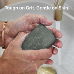 Barrel & Oak kaolin clay action shot emphasizing gentle exfoliation and skin balance