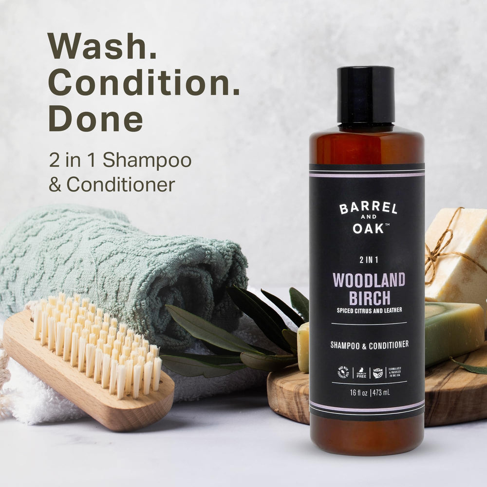 Barrel & Oak 2-in-1 label close-up highlighting vegan cruelty-free formula.