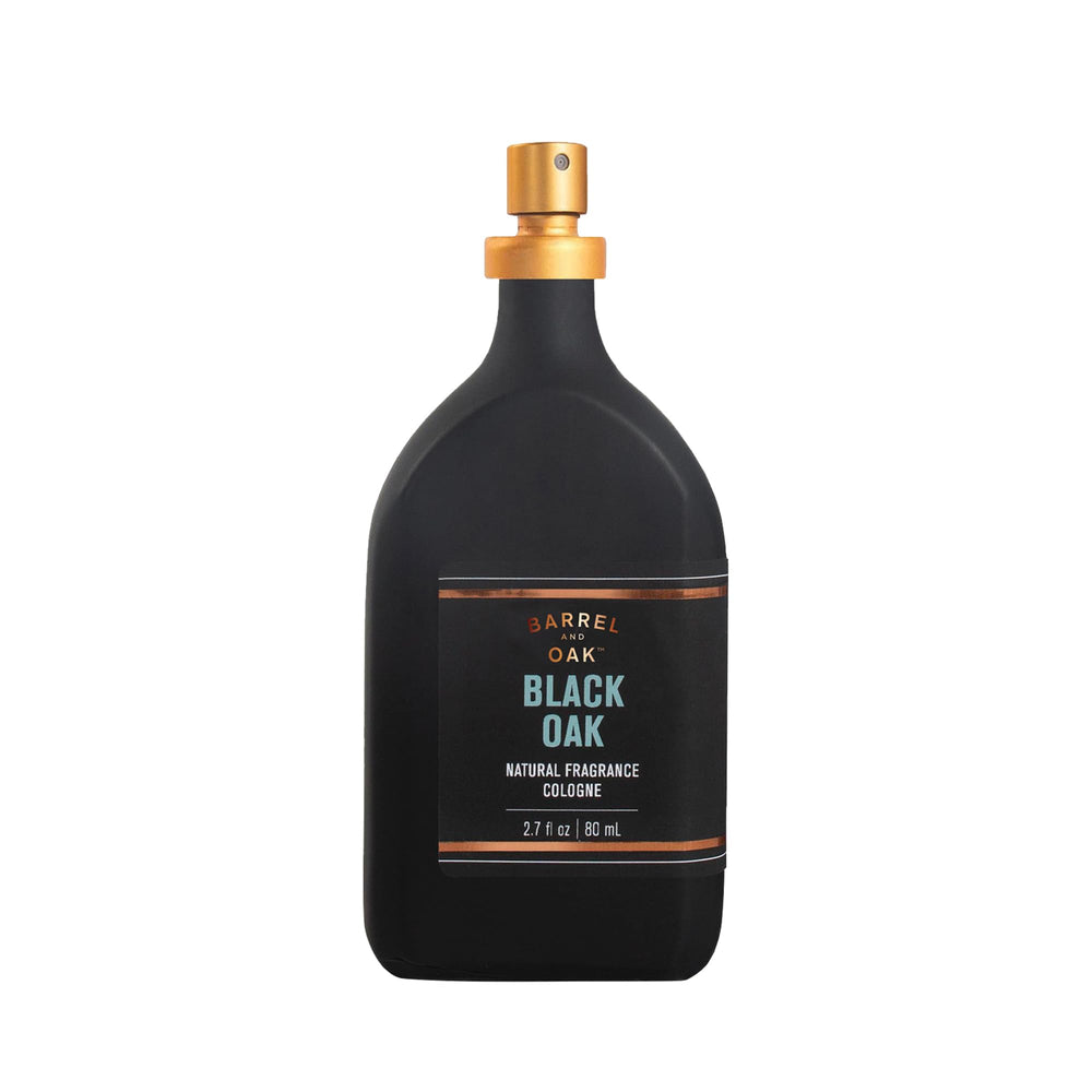 Barrel and Oak Black Oak bottle close-up showing refined design and natural scent notes