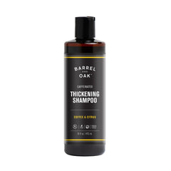 Barrel & Oak coffee citrus caffeinated shampoo bottle pour for scalp refreshment.