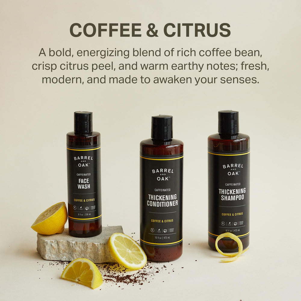 Barrel & Oak bottle on sink highlights lightweight hydration for fine hair.