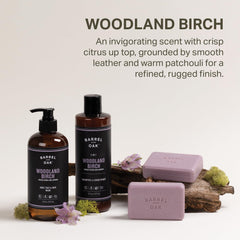 Morning shower scene with the Barrel & Oak set delivering crisp citrus and leather scent.
