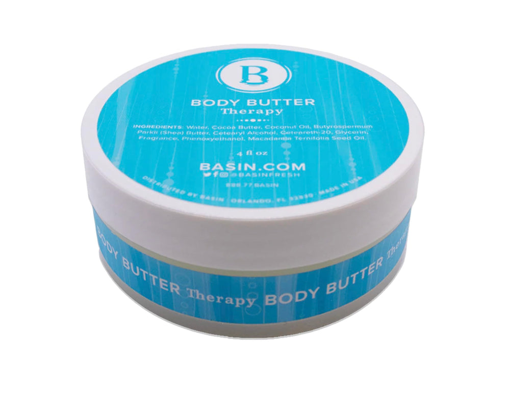 Basin Therapy Body Butter jar showcases velvety texture for smoothing dry skin.