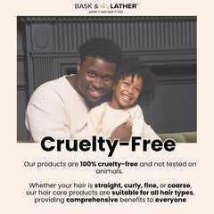 Bask & Lather All hair types usage scene showing versatile scalp care.